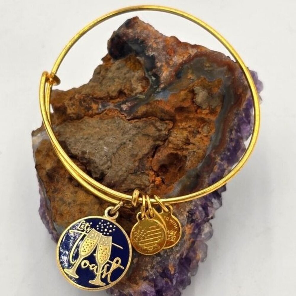 Alex and Ani 'Let's Toast' Gold Tone Bangle Charm Bracelet Celebration Jewelry